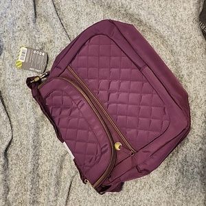 NWT Travelon Anti Theft Cross Body Bag Purse Purple Multi Pocket Quilted Front